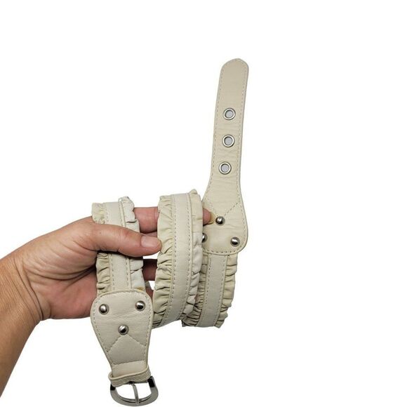 Vintage Coldwater Creek Leather Ruffle Boho Belt M Off White Ivory Cottagecore - Picture 9 of 9